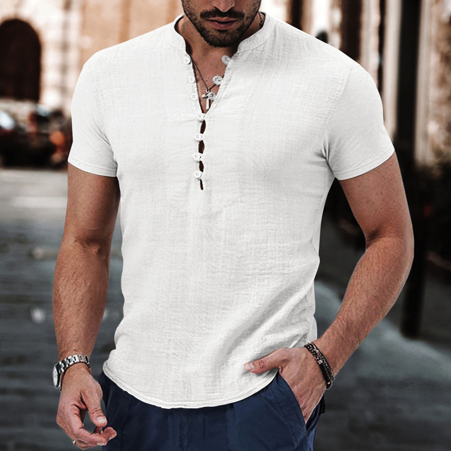 New Men's Retro Cotton and Linen Casual Collar Short Sleeve Shirt