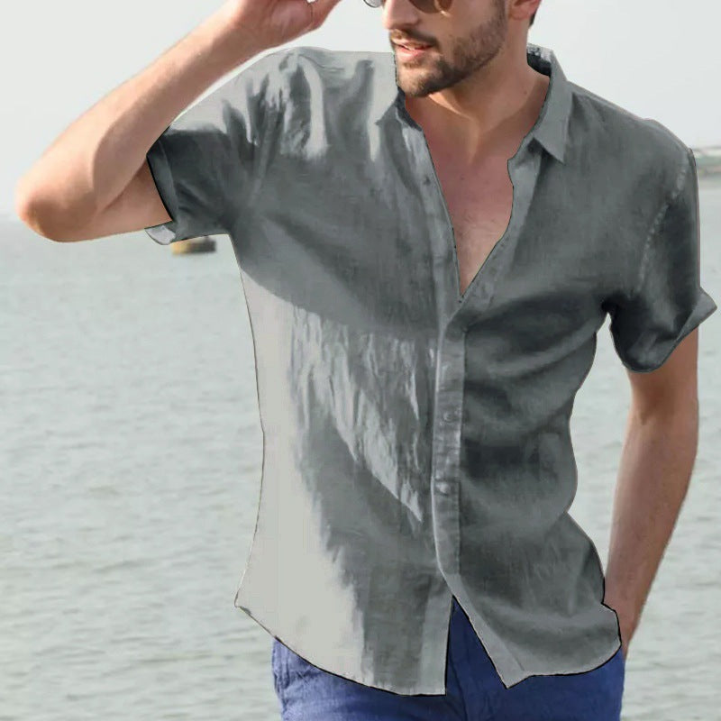 Summer short-sleeved casual cardigan men's shirt men's solid color shirt