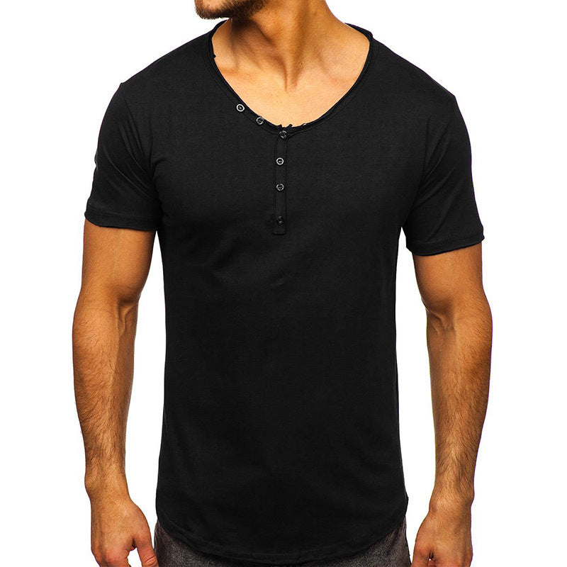 Summer Men's Short Sleeve T-Shirt Clothing V-Neck Henry T-Shirt Men's Tops