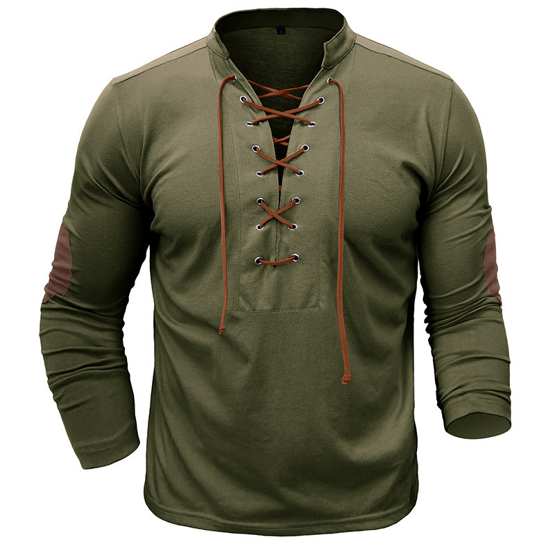 Men's long-sleeved tie stand collar retro men's t-shirt outdoor sports bottoming shirt top