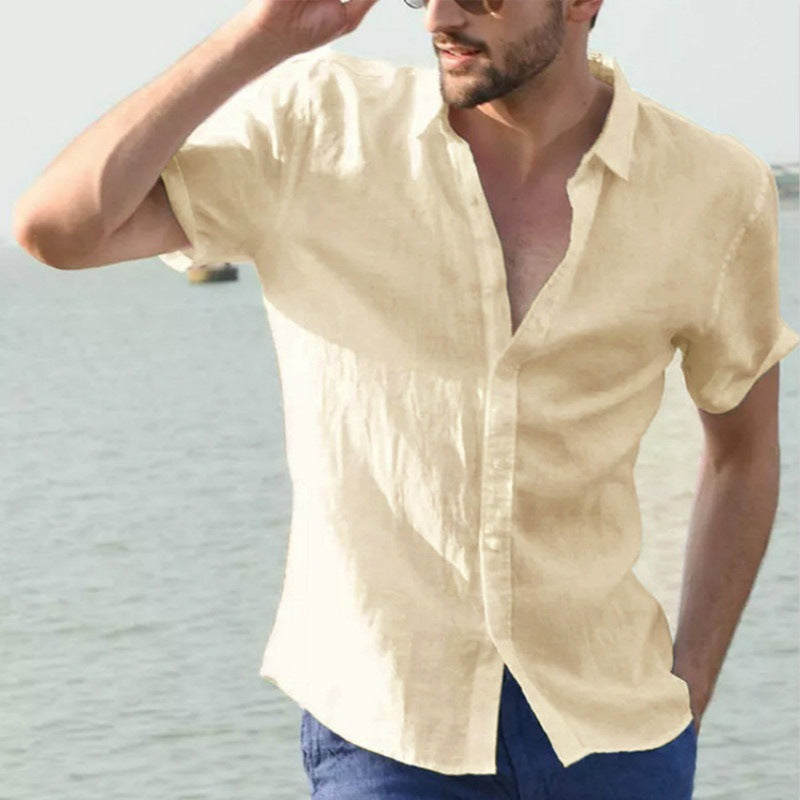 Summer short-sleeved casual cardigan men's shirt men's solid color shirt