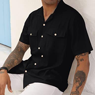 New Men's Casual Cardigan Short Sleeve Double Pocket Shirt Cotton Linen Shirt Button Shirt Summer