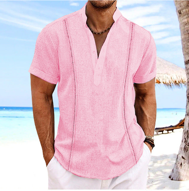 Men's short-sleeved solid color cotton and linen shirt tops