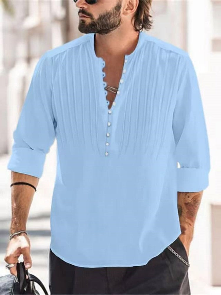 Spring and Autumn Men's Cotton and Linen Pleated Casual Slim Fit Long Sleeve Shirt