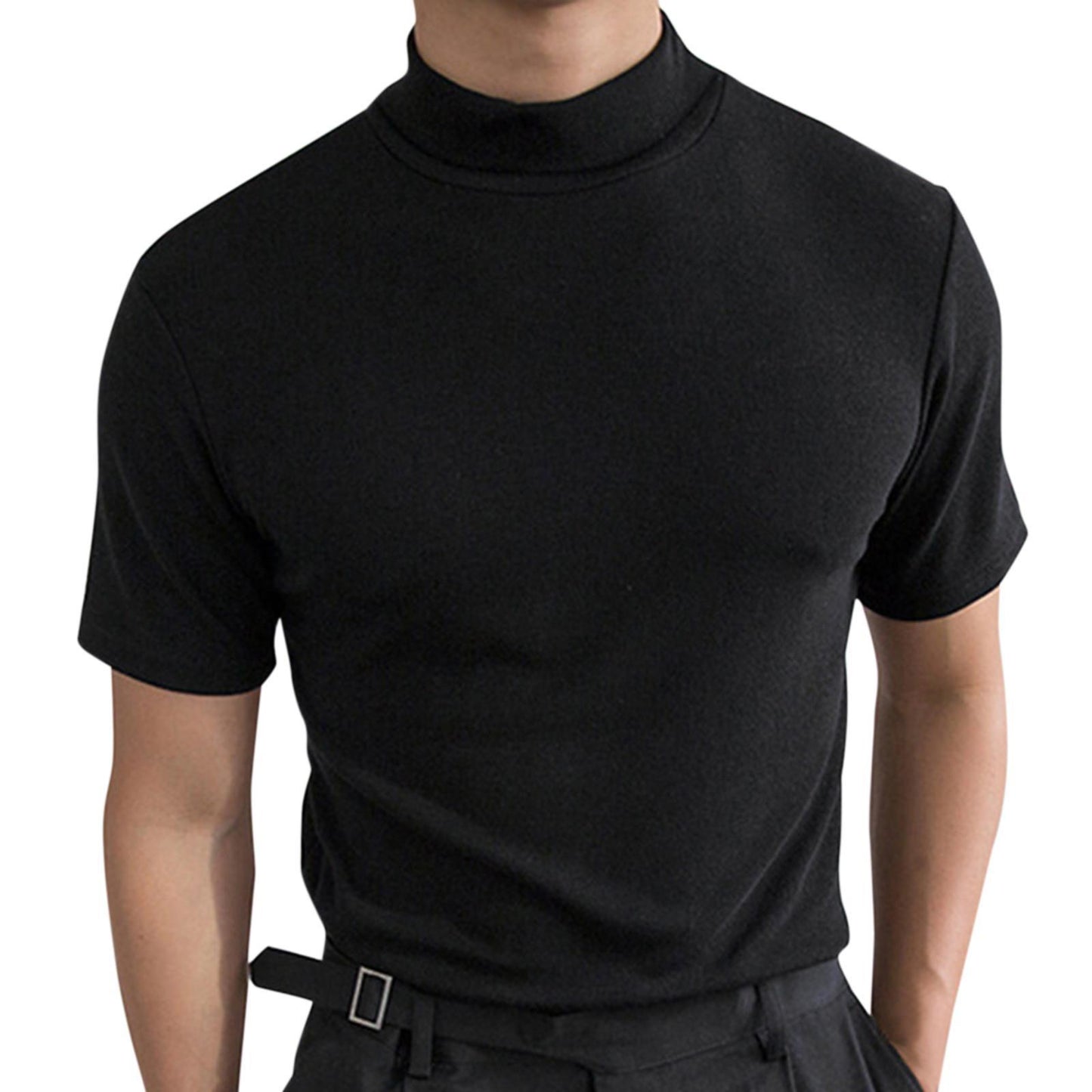 Men's autumn and winter high collar short sleeve T-shirt men's bottoming shirt solid color top