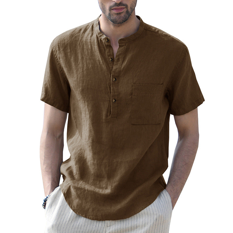 Solid color pocket short-sleeved shirt Men's cotton and linen shirt