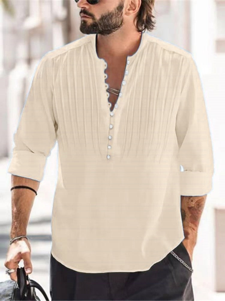 Spring and Autumn Men's Cotton and Linen Pleated Casual Slim Fit Long Sleeve Shirt