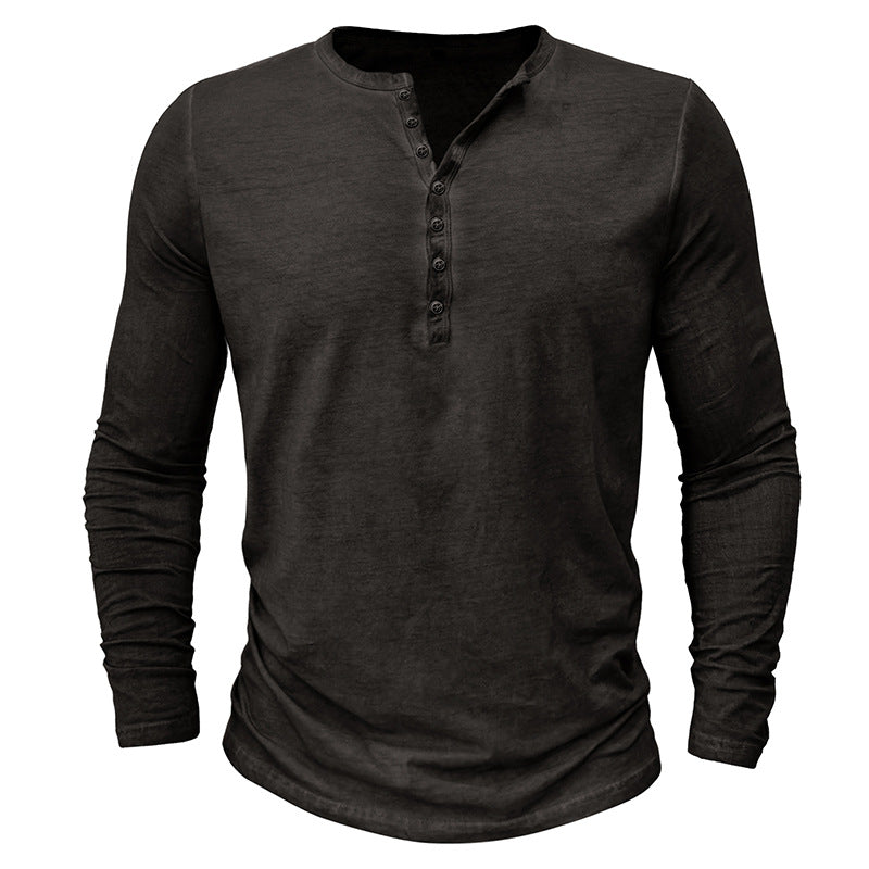 Men's Distressed Vintage Long Sleeve T-Shirt Men's Button Washed Distressed V-Neck T-Shirt Top