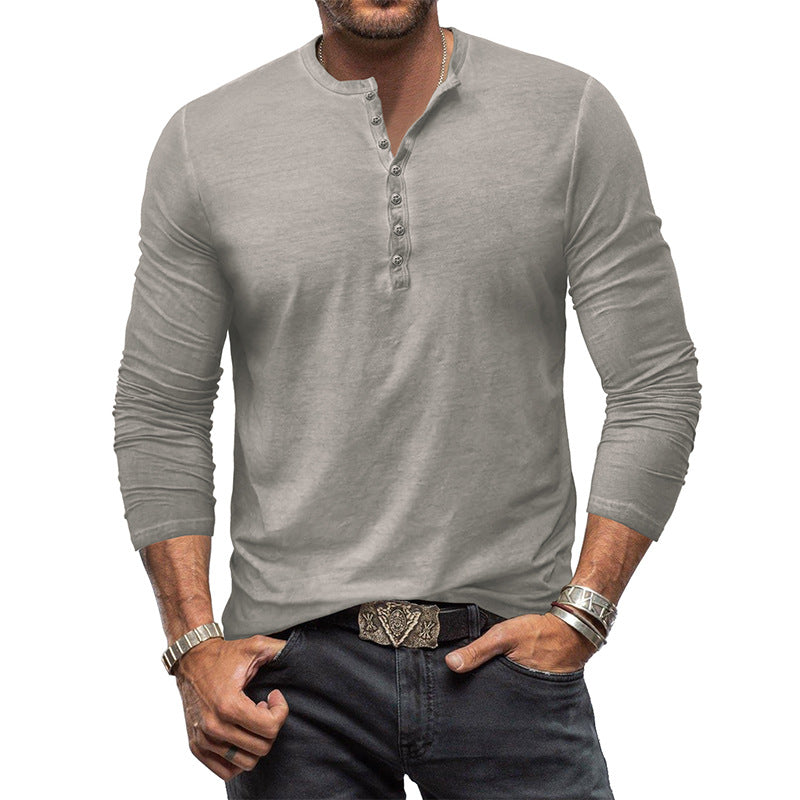 Men's Distressed Vintage Long Sleeve T-Shirt Men's Button Washed Distressed V-Neck T-Shirt Top