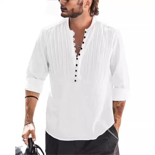 Spring and Autumn Men's Cotton and Linen Pleated Casual Slim Fit Long Sleeve Shirt