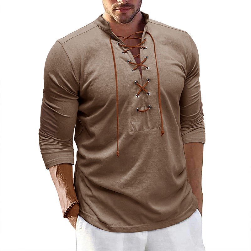 Men's long-sleeved tie stand collar retro men's t-shirt outdoor sports bottoming shirt top