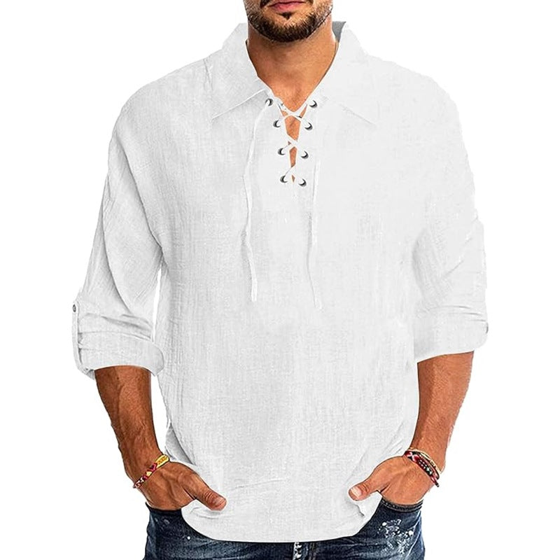 Men's Fashion Cotton and Linen Lace-up Shirt Beach Yoga Top