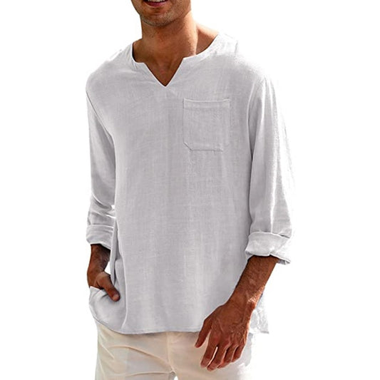 Men's long sleeve V-neck casual beach linen shirt