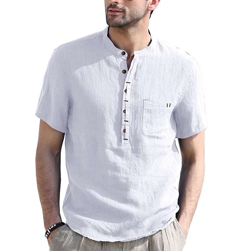 New cotton and linen men's clothing, stand-up collar, short-sleeved linen shirt sleeves, breathable and casual, soft and slim