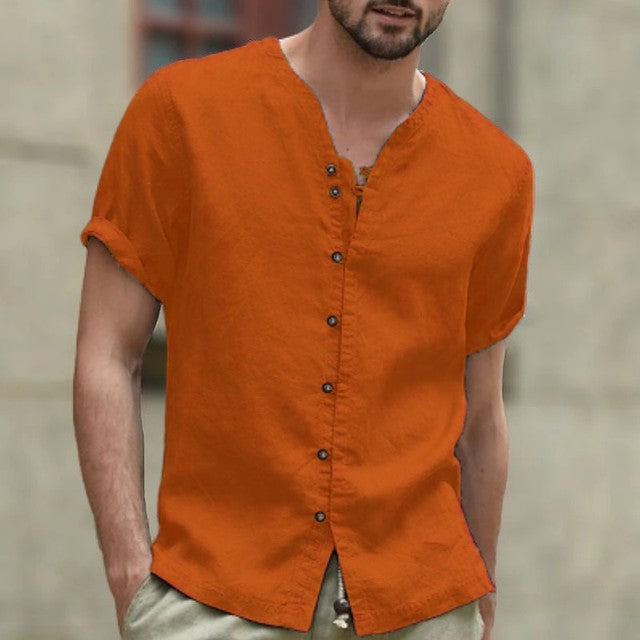 Men's Casual Cotton Linen Shirt Small Turtleneck Solid Color V-Neck Short Sleeve Loose New Style Tops