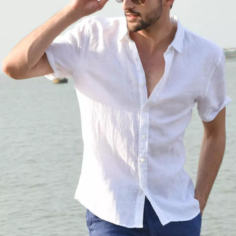 Summer short-sleeved casual cardigan men's shirt men's solid color shirt