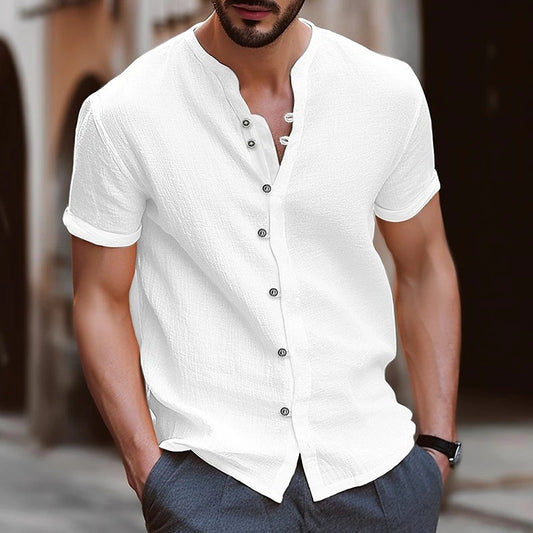 New Fashion Men's Retro Button Cotton and Linen Casual Short Sleeve Shirt