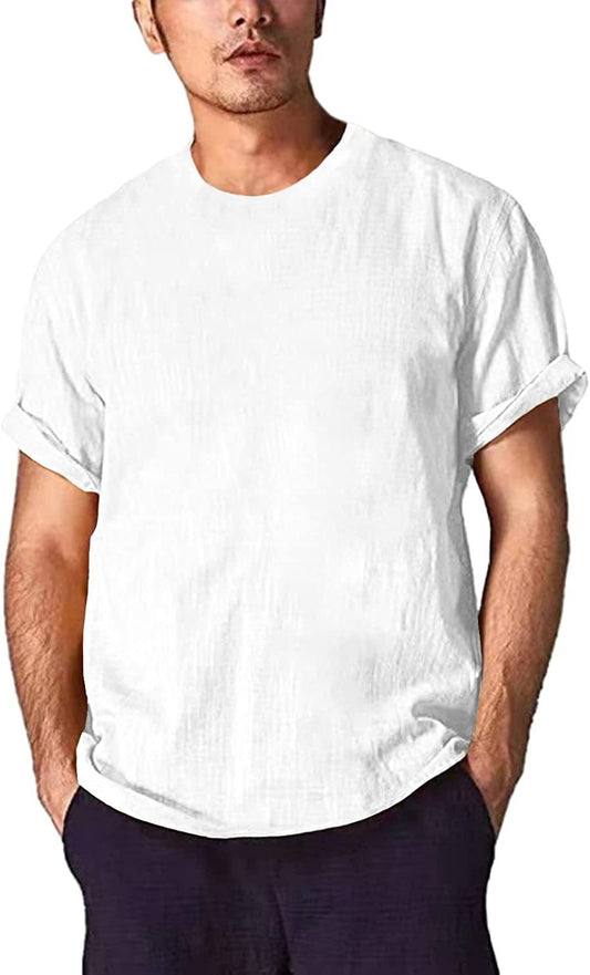 Men's cotton and linen T-shirt solid color round neck short sleeve