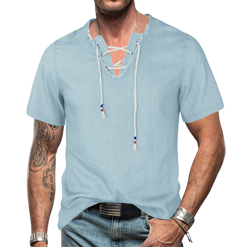 New Men's Denim Shirt Men's V-neck Lace-up Tassel Denim T-shirt Top