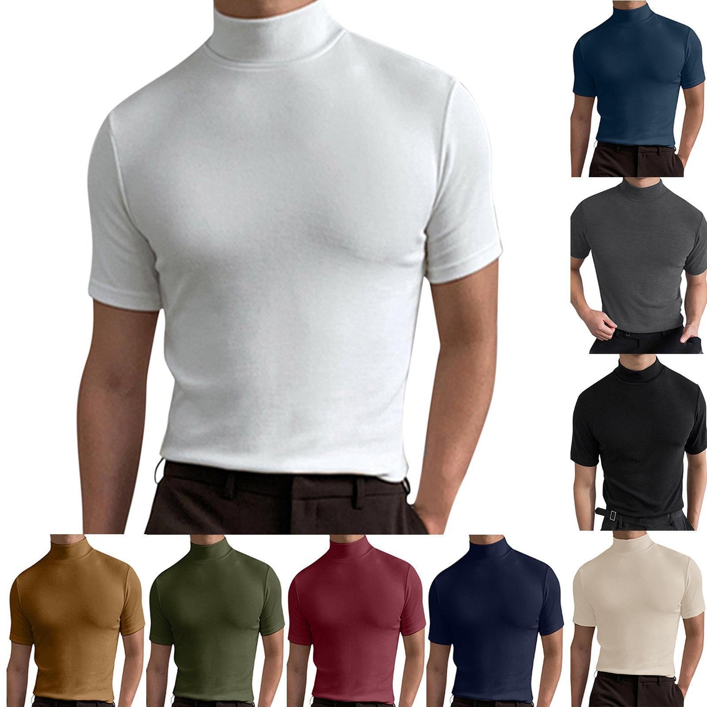 Men's autumn and winter high collar short sleeve T-shirt men's bottoming shirt solid color top