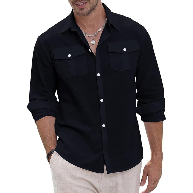 Linen Shirt Button-down Shirt Summer Beach Casual Shirt Solid Color Cotton Long Sleeve Shirt Tops