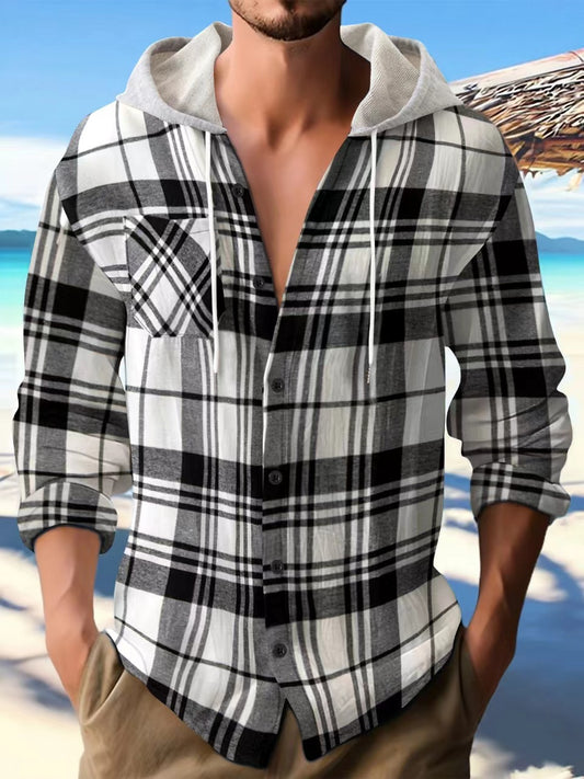 Flannel plaid hooded street casual men's shirt large size