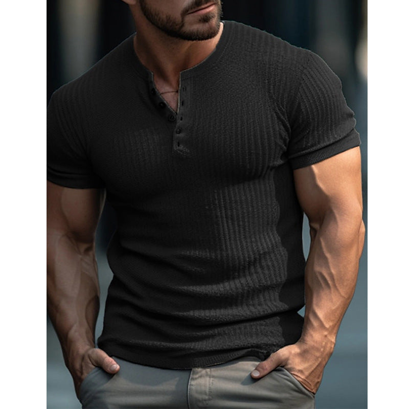 Slim muscle men's short-sleeved T-shirt fitness elastic thread tight solid color