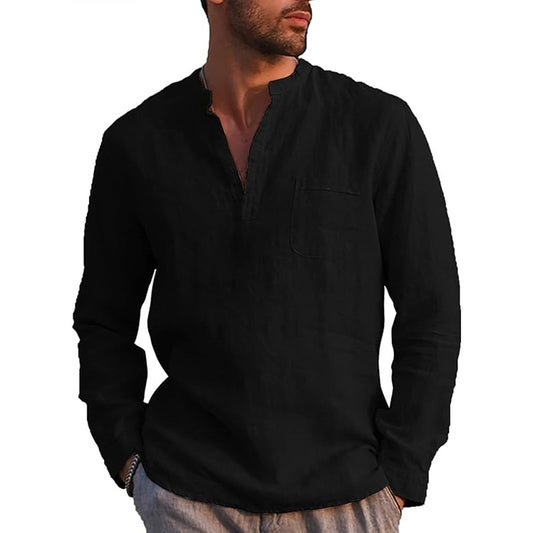 Men's Linen Cotton Henley Casual Long Sleeve Beach Shirt