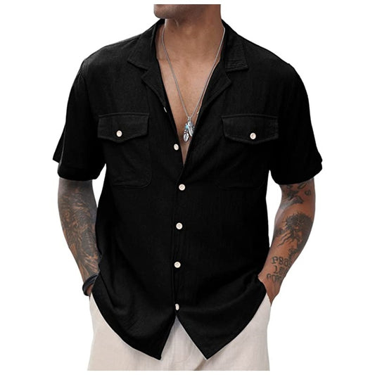 New Men's Casual Cardigan Short Sleeve Double Pocket Shirt Cotton Linen Shirt Button Shirt Summer