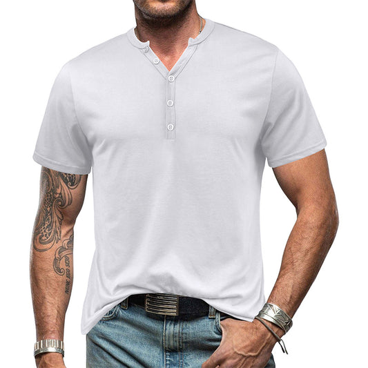 Summer men's short-sleeved T-shirts, men's button-down V-neck T-shirt tops