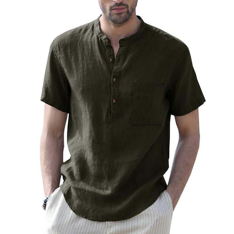 Solid color pocket short-sleeved shirt Men's cotton and linen shirt