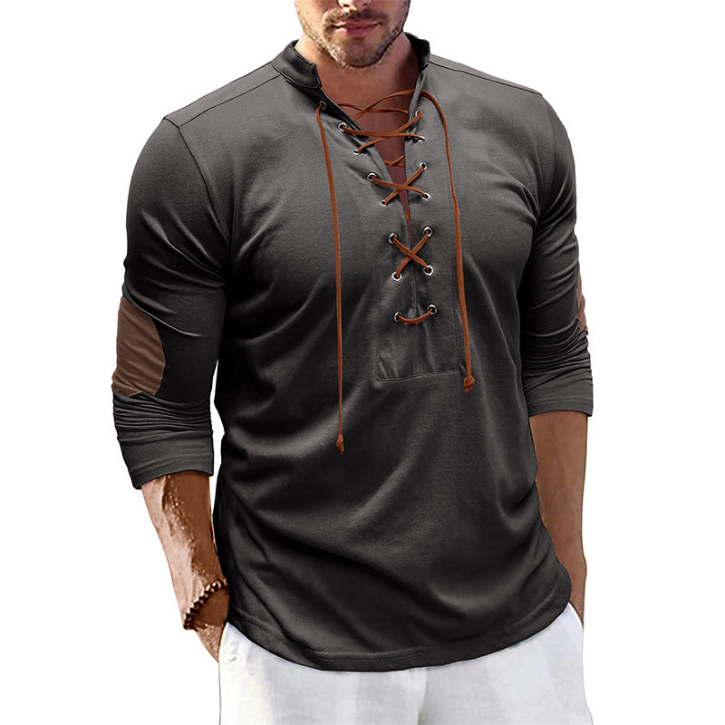 Men's long-sleeved tie stand collar retro men's t-shirt outdoor sports bottoming shirt top