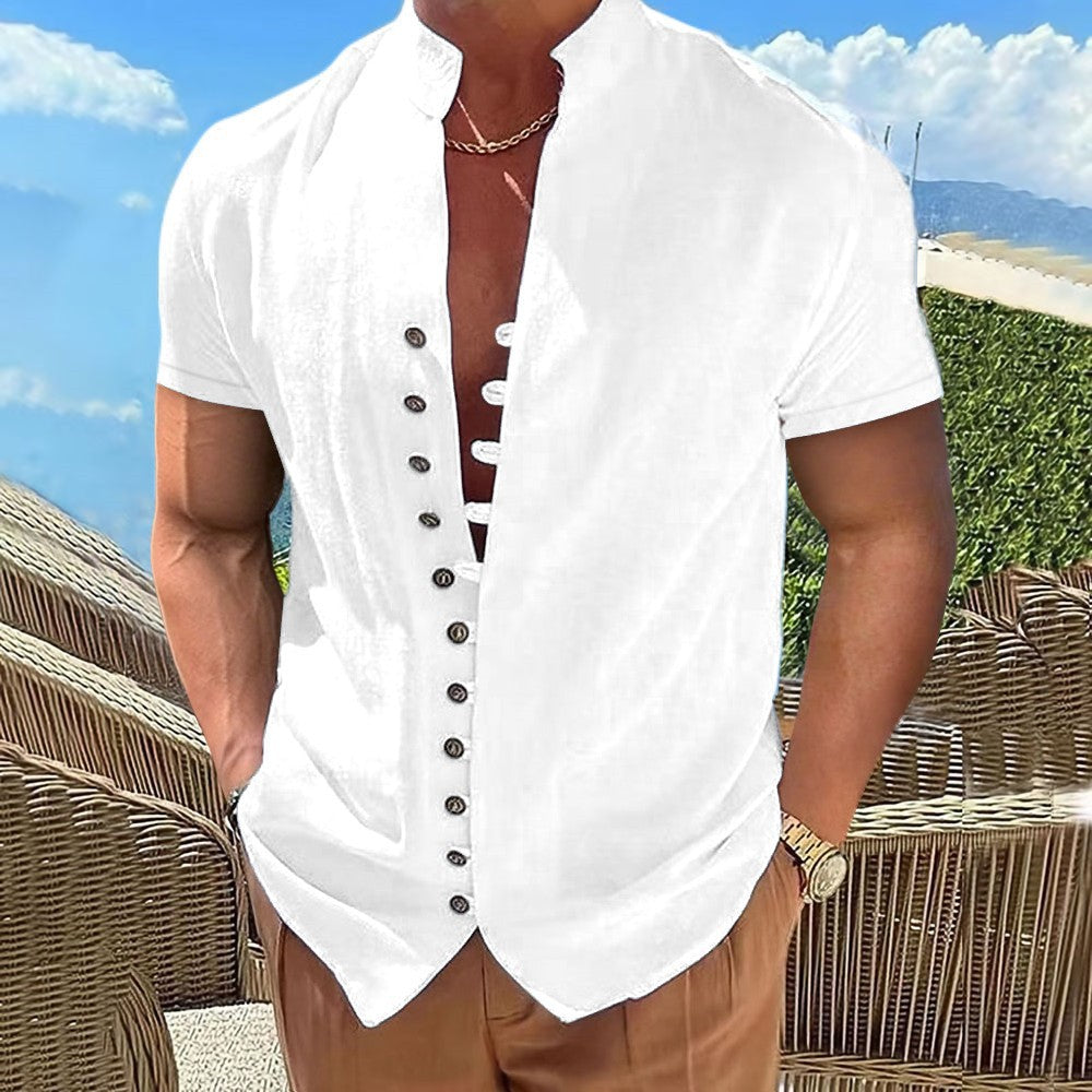 Men's retro cotton and linen button-down short-sleeved shirt with stand-up collar