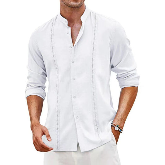 New Men's Youth Cardigan Button Solid Color Casual Stand Collar Long Sleeve Shirt