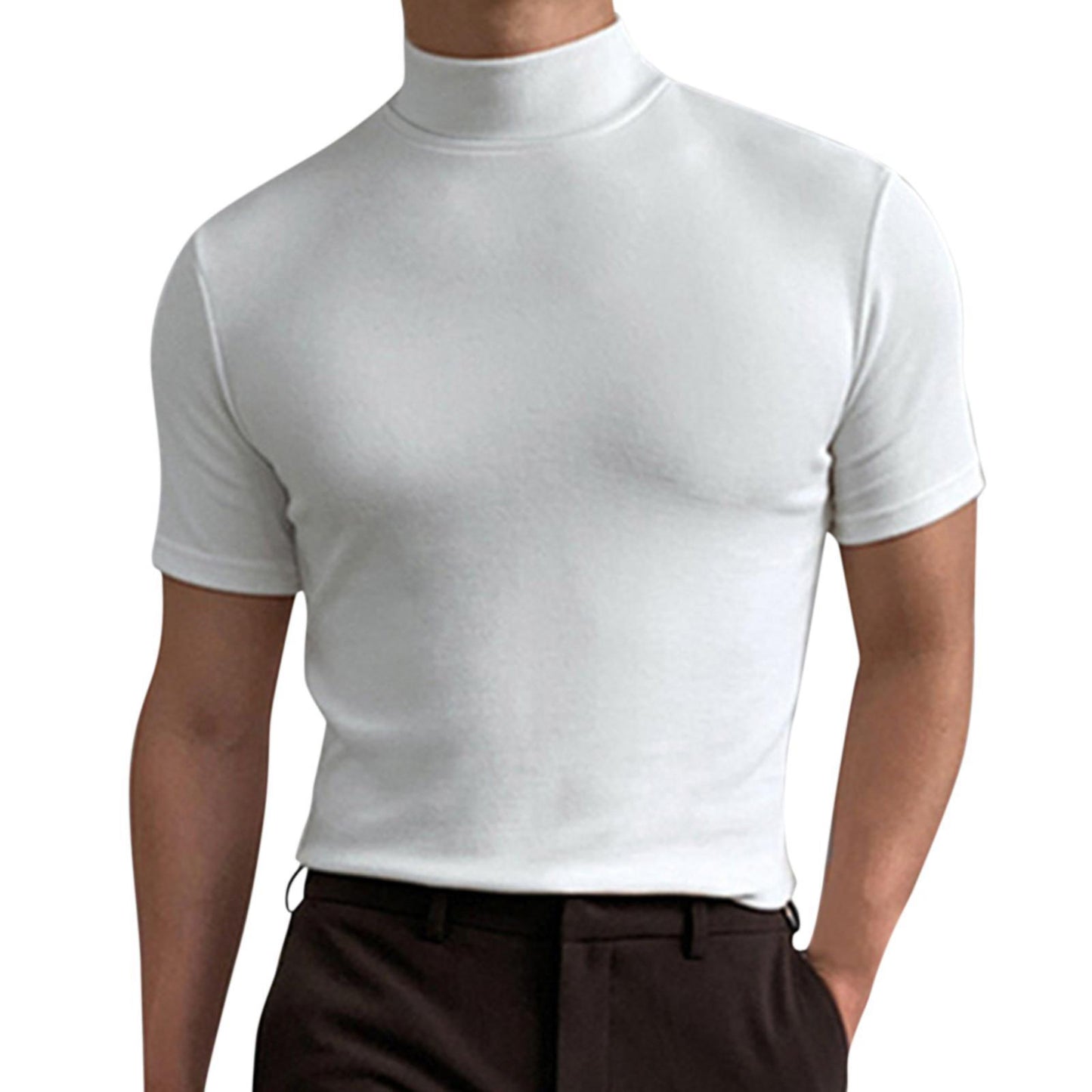 Men's autumn and winter high collar short sleeve T-shirt men's bottoming shirt solid color top