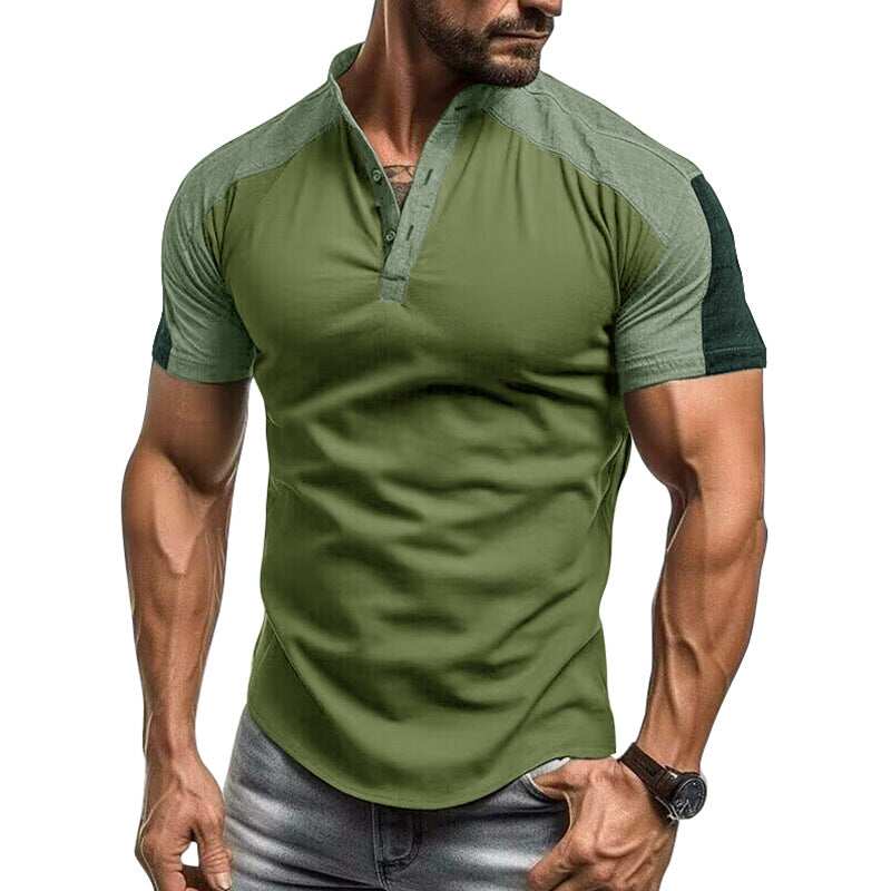 Men's short-sleeved stand-up collar t-shirt men's outdoor sports henley shirt fitness top