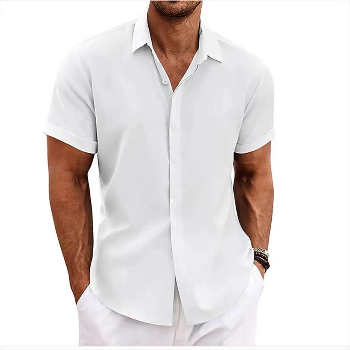 New summer European and American men's shirt solid color short-sleeved lapel shirt tops