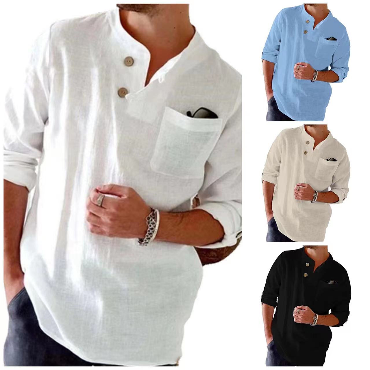 New cotton and linen loose casual solid color men's button-down long-sleeved shirt