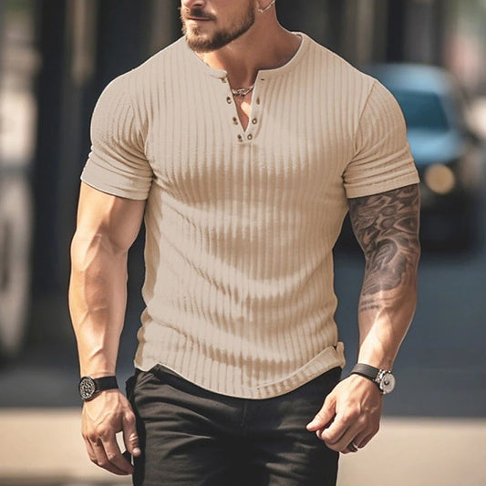 Slim muscle men's short-sleeved T-shirt fitness elastic thread tight solid color