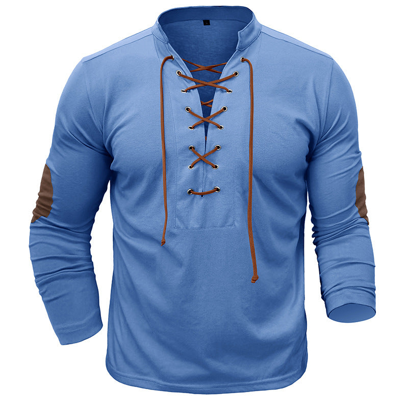 Men's long-sleeved tie stand collar retro men's t-shirt outdoor sports bottoming shirt top