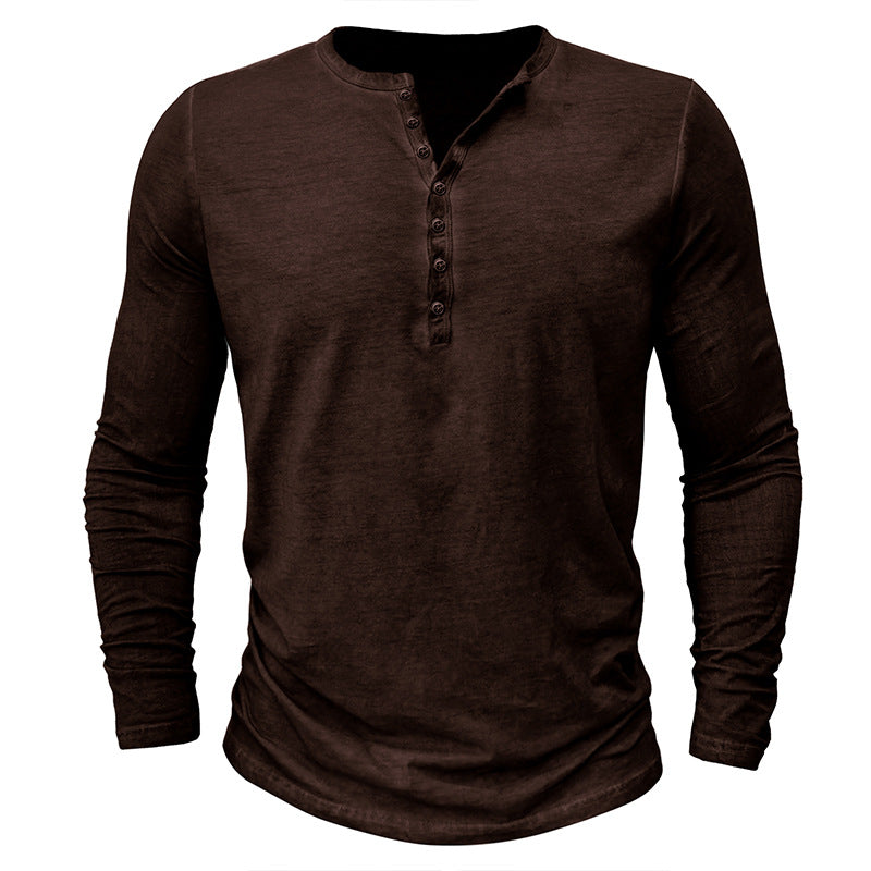 Men's Distressed Vintage Long Sleeve T-Shirt Men's Button Washed Distressed V-Neck T-Shirt Top