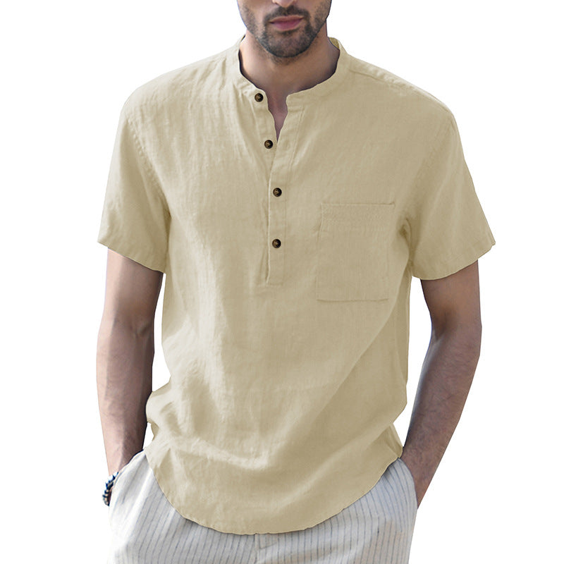 Solid color pocket short-sleeved shirt Men's cotton and linen shirt