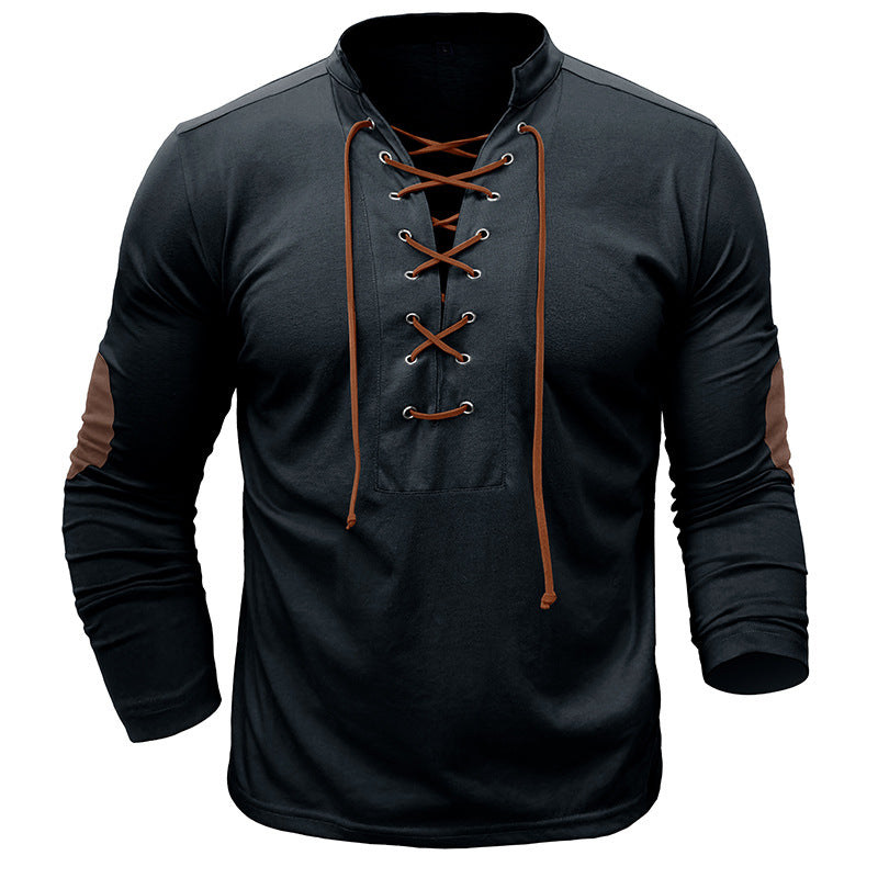 Men's long-sleeved tie stand collar retro men's t-shirt outdoor sports bottoming shirt top