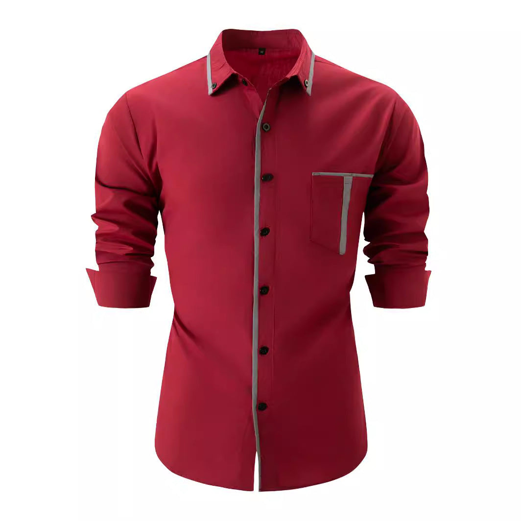 New men's pocket color matching casual loose long-sleeved shirt