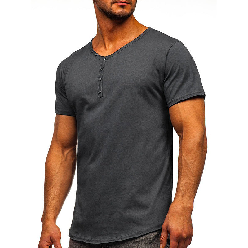 Summer Men's Short Sleeve T-Shirt Clothing V-Neck Henry T-Shirt Men's Tops