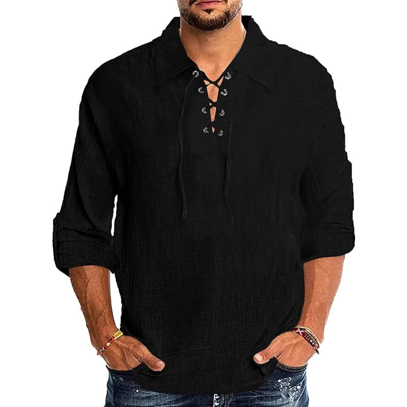 Men's Fashion Cotton and Linen Lace-up Shirt Beach Yoga Top