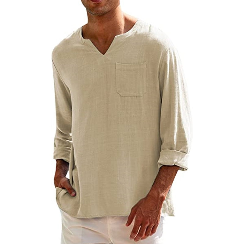 Men's long sleeve V-neck casual beach linen shirt