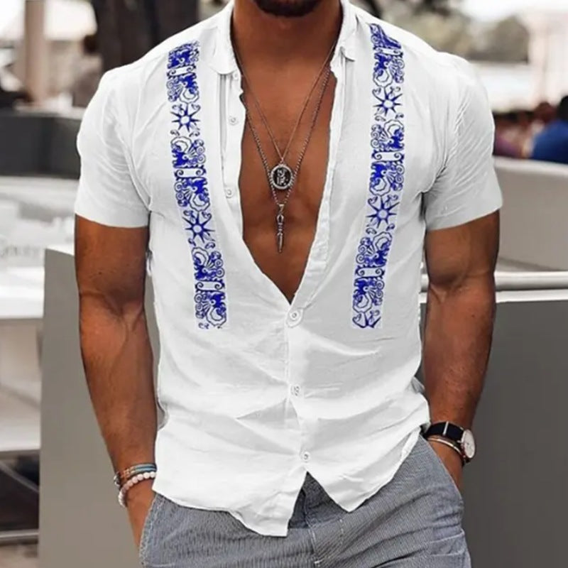 Fashion Men's Shirt Striped Beach Holiday Short Sleeve Summer T-Shirt Male Shirt