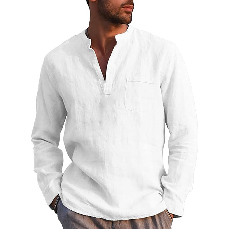 Men's Linen Cotton Henley Casual Long Sleeve Beach Shirt