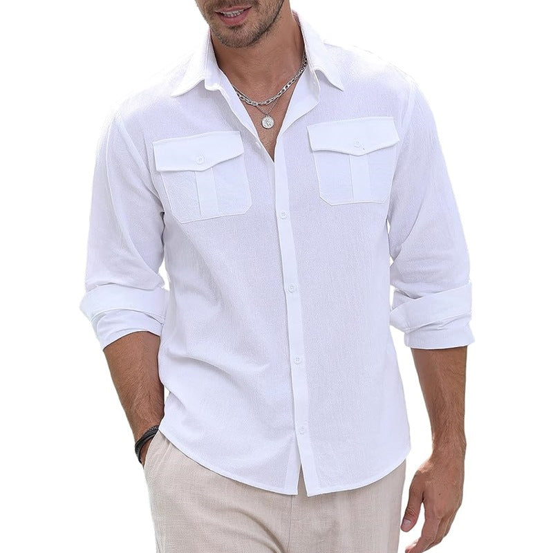 Linen Shirt Button-down Shirt Summer Beach Casual Shirt Solid Color Cotton Long Sleeve Shirt Tops